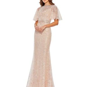 Mac Duggal Beaded Illusion Neckline Short Butterfly Sleeve Gown